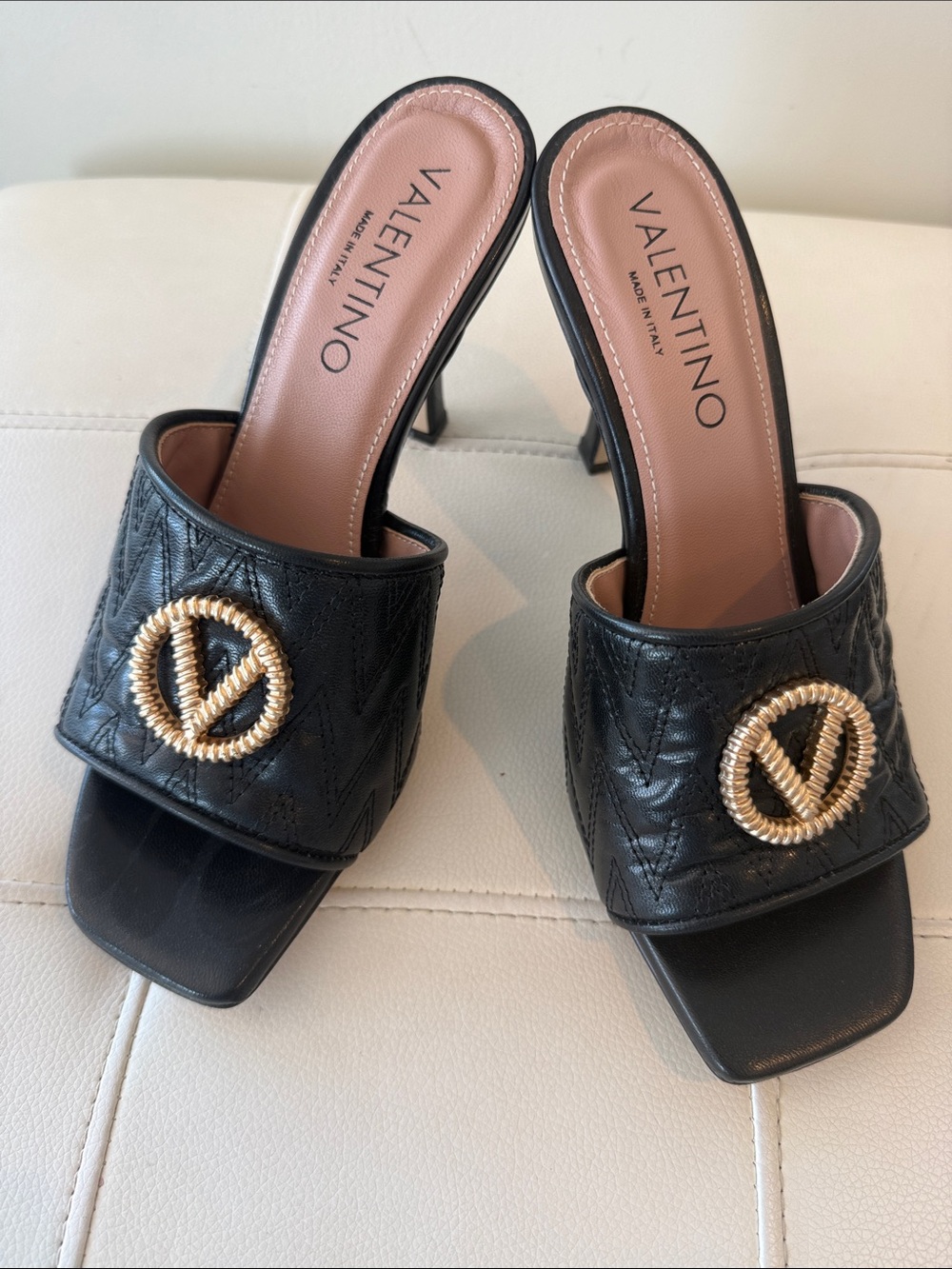 Valentino Black Quilted Leather Slide Mules with Gold Rope V Logo